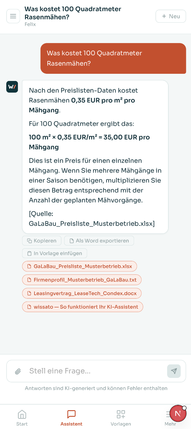 Echte wissato-Antwort mit Quellenangabe auf dem Handy